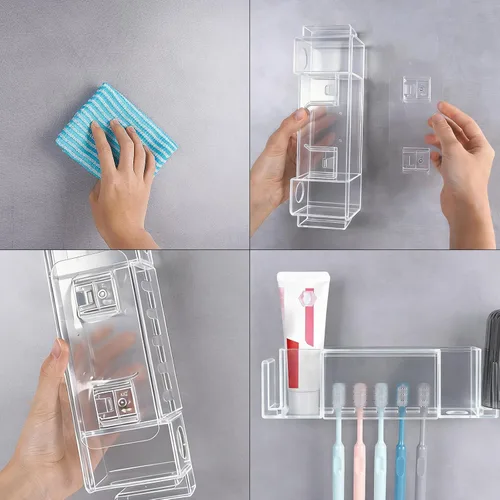 Vista 5 de Soporte de pared para cepillos de dientes con 5 ranuras con tapa, organizador de almacenamiento autoadhesivo para cepillos de dientes para ducha