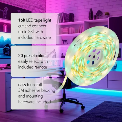 Vista 3 de GT-Lite Tira de luces LED de 800 lúmenes, cinta blanca y de color de 16 pies, cortada y conectada