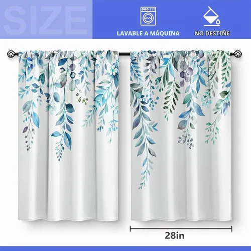 Vista 3 de Aimego Cortinas de Cocina de Eucalipto Primaveral - Hojas de Plantas de Acuarela Floral Azul con Cortinas de Nivel Botánico Floral para Cafetería