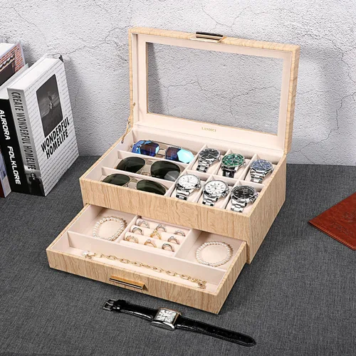 Vista 5 de LANDICI Caja de reloj para hombres y mujeres, 2 capas de piel sintética, organizador de relojes, caja de almacenamiento grande, caja de joyería