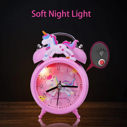 Vista 3 de QearFun Reloj despertador de unicornio para niñas y niños, bonita decoración de dormitorio, segunda mano silenciosa sin tictac, con retroiluminación