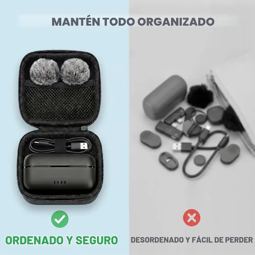 Vista 5 de BSONE Micrófono Lavalier inalámbrico para iPhone y Android, mini micrófono con clip con funda de carga, micrófonos profesionales recargables