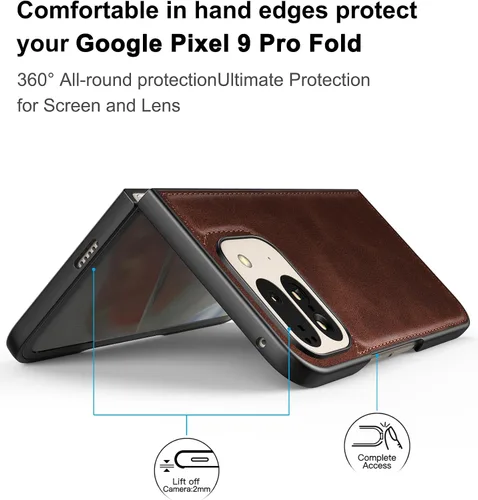 Vista 3 de Foluu Funda para Google Pixel 9 Pro Fold, con Protector de Pantalla Frontal Integrado, Cuero PU + Carcasa Rígida de PC Ultra Delgada Duradera Funda