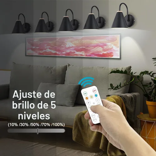Vista 3 de Aplique de pared industrial de madera sintética negra, funciona con pilas, fácil de instalar, sin cables, bombilla LED regulable con control remoto