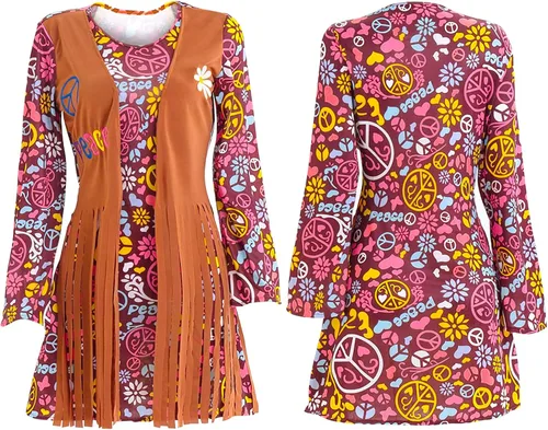 Vista 3 de Hippy Hippie Costume Women Teen Girl 60s 70s Outfit Clothes Hippie Halloween Costume for Women 70s Disco Costume Hippie Dress