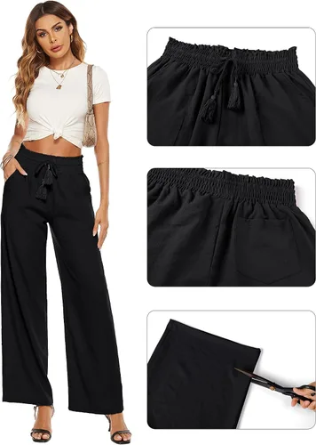 Vista 5 de Micoson Pantalones de lino de algodón para mujer con cordón elástico en la cintura y bolsillos laterales de talle alto pantalones sueltos casuales