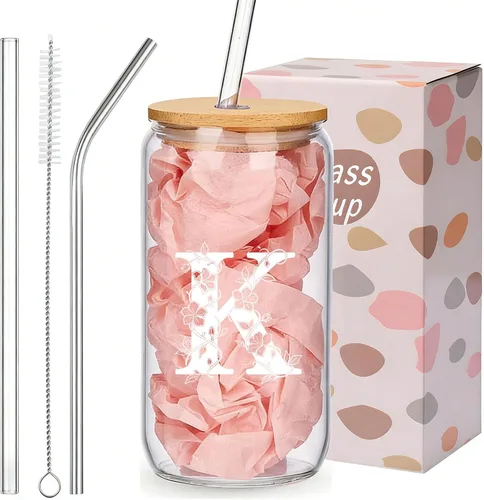 Vista 17 de Regalos personalizados para mujeres, tazas de vidrio con monograma con tapas y pajitas, regalos personalizados para mujeres, vasos de café helado