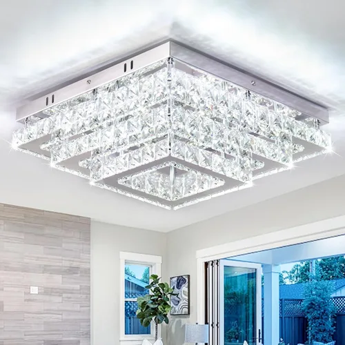 Vista 8 de Finktonglan Accesorio de Lámpara de Techo LED de Cristal Cuadrada Moderna, Candelabro de Cristal Regulable de 15" Luces de Techo de 3 Niveles