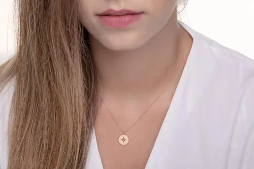 Vista 7 de Round Compass Necklace for Women, Dainty Compass Disc Necklace in Solid Gold 9K,14K, &18K, Perforated Compass Necklace Open Compass