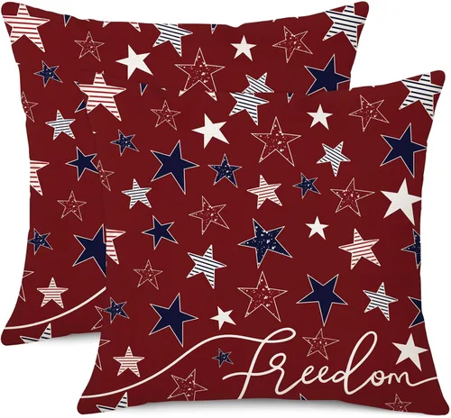 Vista 5 de Juego de 4 fundas de almohada decorativas para el 4 de julio, 18 x 18 pulgadas, juego de 4 fundas de almohada con diseño de estrellas y rayas