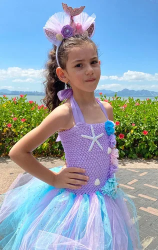 Vista 2 de Davsolly Little Girls Mermaid Costume Mermaid Birthday Dress for Halloween Cosplay Party Dress Up with Mermaid Shell Headband