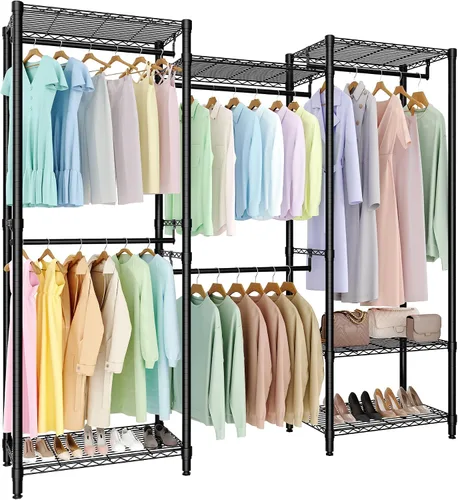 Vista 9 de Perchero de ropa resistente, perchero portátil de metal con estantes ajustables de 3 niveles, estantes de ropa independientes para colgar ropa