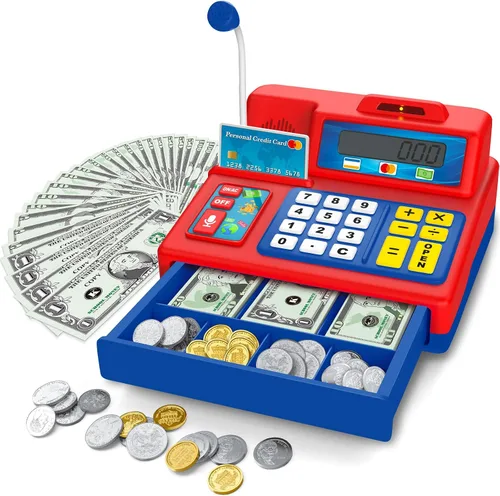 Vista 7 de Calculadora Caja Registradora de Juguete Regalo para Niños de 3, 4, 5, 6, 7, 8+ Años, Juego de Tienda de Comestibles de Simulación de 103 Piezas