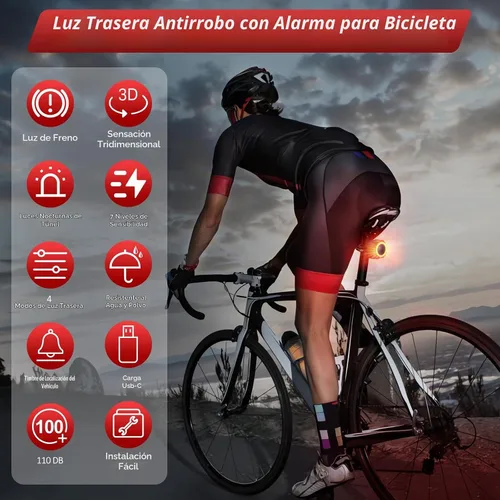 Vista 2 de Alarma de bicicleta con control remoto, luz trasera de bicicleta y luz de freno encendido/apagado automático USB-C recargable, sistema de alarma