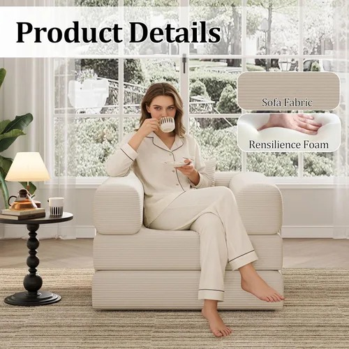 Vista 5 de Sofá individual para espacios pequeños, sofá convertible 2 en 1, cómodo puf para adultos con funda extraíble con almohadas para dormitorio, Beige