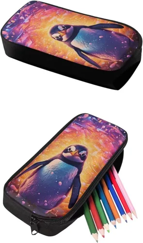 Vista 4 de Linda mochila escolar de pingüinos para niños, con bolsa de almuerzo y bolsa para lápices, bolsa mágica de animales para niños y niñas