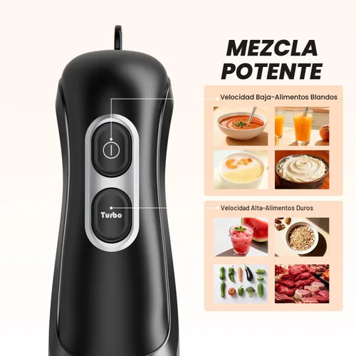 Vista 2 de Turelar Immersion Blender Corded 400W, 2 Speed, Emulsifier, Blend, BPA-Free Batidora de mano, mango ergonómico, cuchillas de acero inoxidable Negro