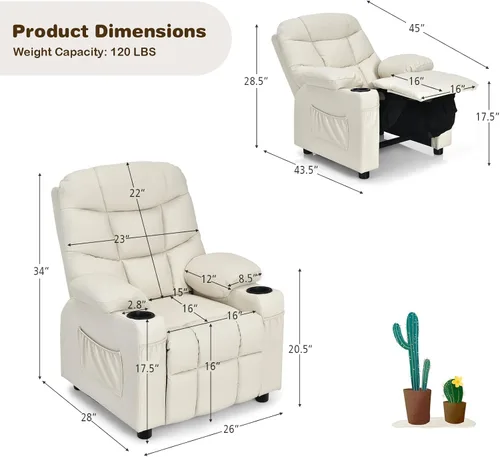 Vista 3 de Costzon Silla Reclinable para Niños con Portavasos, Silla de Descanso Ajustable con Reposapiés y Bolsillos Laterales para Habitación de Niños
