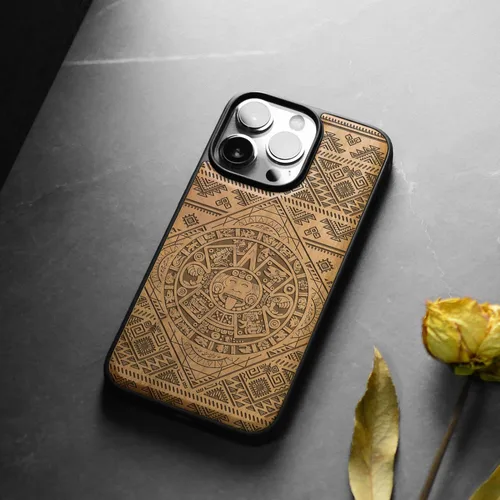 Vista 4 de Carveit - Funda de madera para iPhone 15 Pro Max, calendario azteca, cereza Magnetic iPhone 15 Pro Max Case Compatible with MagSafe Wireless