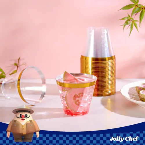 Vista 5 de JOLLY CHEF Paquete de 100 Vasos de Plástico Dorado, Tumblers de Plástico Transparente de 9 oz, Elegantes Vasos con Borde Dorado, Vasos Desechables