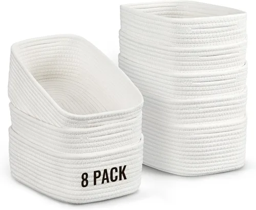 Vista 8 de Paquete de 8 cestas de almacenamiento pequeñas para organizar, cubos de cuerda tejida para baño, armario, organizador de estantes, bonita caja Negro