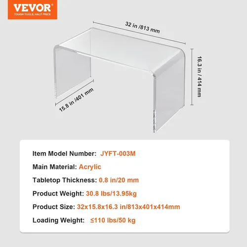 Vista 3 de VEVOR Mesa auxiliar de acrílico transparente en forma de U, mesa auxiliar de acrílico transparente, 32 x 15.8 x 16.3 pulgadas para café, bebida