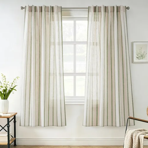 Vista 116 de DriftAway Cortinas de estilo granja con rayas verticales de lino mezclado texturizado con filtro de luz semitransparente para sala de estar