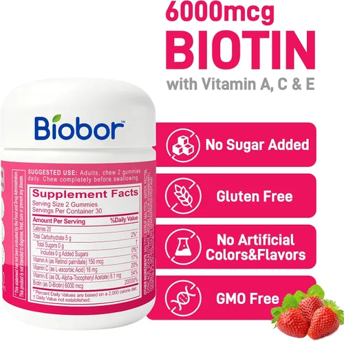 Vista 2 de Biobor - Gomitas naturales de biotina de 6000 mcg sin azúcar añadido, gomitas de belleza para el cabello, la piel y las uñas, con vitaminas A C E