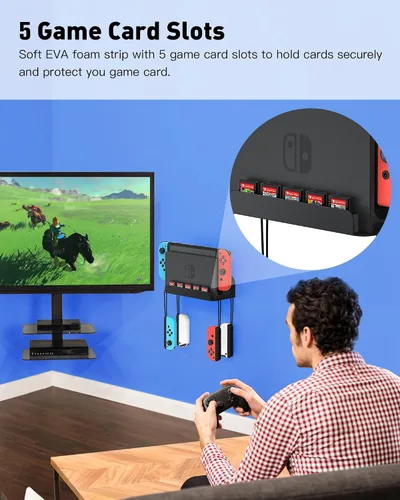 Vista 5 de ZAONOOL Soporte de pared para Nintendo Switch y Switch OLED, accesorios de soporte de estante de montaje en pared con 5 soportes para tarjetas