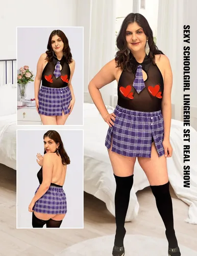 Vista 6 de Avidlove Conjunto de lencería de talla grande para mujer, trajes sexys para juegos de rol, disfraz de cosplay, lencería escolar con falda a cuadros