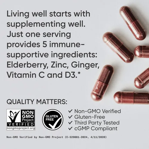 Vista 4 de Sports Research® Soporte inmunológico diario de saúco con zinc, vitamina C, jengibre y vitamina D3 5000iu, sin gluten, verificado sin OMG, sin soja