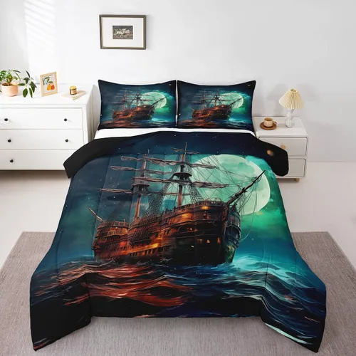 Vista 34 de Erosebridal Juego de edredón de ballena náutica, tamaño individual, juego de ropa de cama vintage azul con ondas oceánicas para niños y niñas