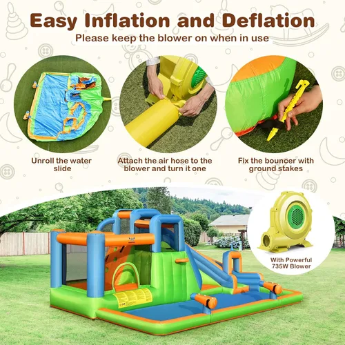 Vista 5 de HONEY JOY Tobogán acuático inflable, parque acuático gigante 7 en 1, casa de rebote para patio trasero al aire libre con soplador de 735 W, piscina