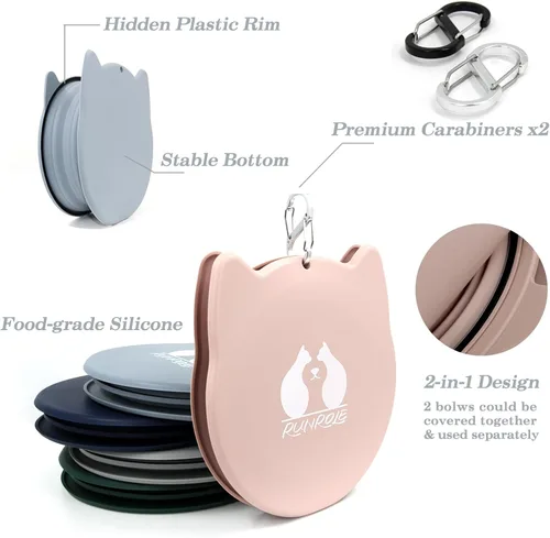 Vista 3 de RUNROLE Cuencos plegables de silicona 2 en 1 para viaje, se juntan y usan por separado, cuencos portátiles para agua y alimentos para mascotas, Rosa