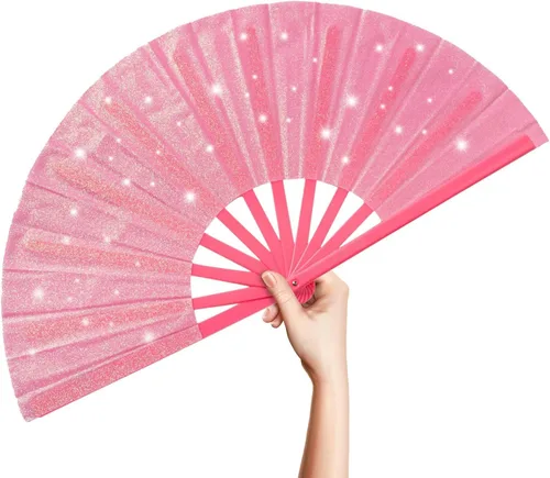 Vista 12 de OMyTea Ventilador grande con purpurina para baile de línea, botas de 13 pulgadas en el suelo, ventilador de mano plegable para EDM, festival de Negro