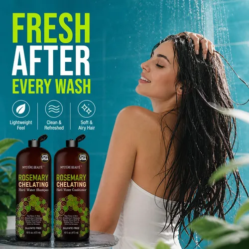 Vista 2 de MYSTÈRE BEAUTÉ - Juego de champú y acondicionador quelante de romero – Cuidado del cabello con agua dura sin sulfato con biotina, queratina y árbol