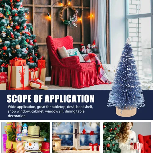Vista 7 de Decoración para el hogar, mini árbol de Navidad artificial, 4 piezas, árboles de sisal, escarcha de nieve, cepillo para botella con bases de madera