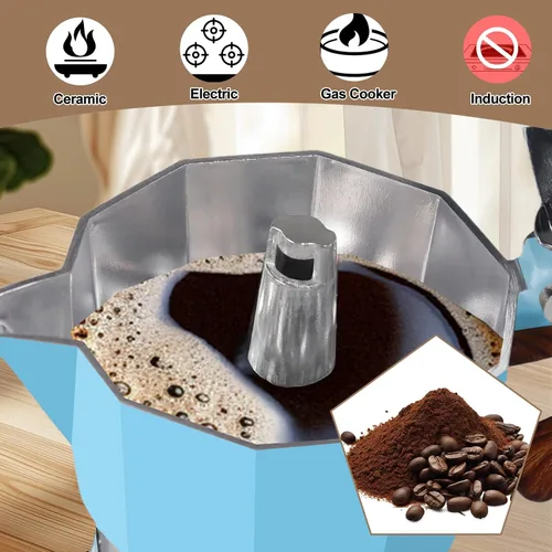 Vista 5 de Cafetera de aluminio con 3 tazas de 150ml (5.1 fl oz) Moka Pot Express, cafetera de café expreso para estufa, colorida cafetera italiana