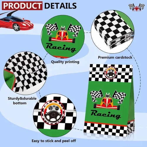 Vista 7 de Tallew 24 bolsas de recuerdo de fiesta de coches de carreras con calcomanías, bandera a cuadros, bolsa de dulces para fiesta de carreras, Pit Crew