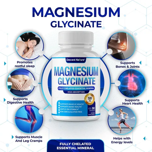 Vista 3 de Suplemento de magnesio glicinato de magnesio de 500 mg – Quelado para una alta absorción y biodisponibilidad, apoyo al sueño, músculos, huesos