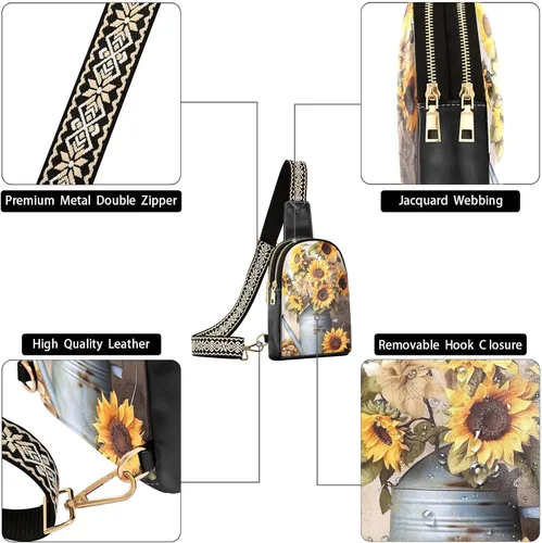 Vista 5 de Sling Backpack Sunflower Vintage Sling Bag for Women Crossbody Shoulder Bag Leather Fanny Pack Chest Bag for Travel Hiking 202A1226