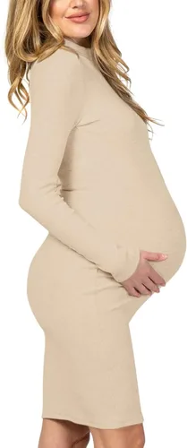 Vista 3 de Moyabo Vestido de maternidad de punto acanalado para mujer, vestido ajustado de manga larga para uso diario o baby shower
