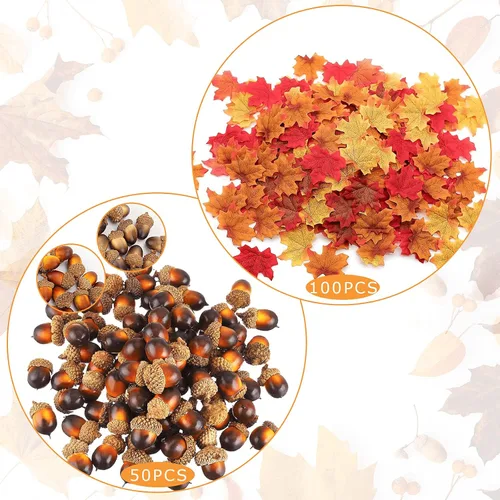 Vista 6 de Juego de 150 piezas de decoración de hojas de arce artificiales de bellota, juego de decoración de mesa de otoño, bellotas de plástico, hojas