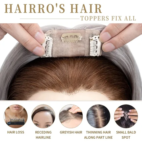 Vista 40 de Hairro Toppers de cabello humano 100% real para mujeres sin flequillo, postizos de cabello real con clip, base de seda transpirable para cubrir