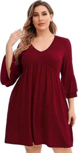 Vista 2 de ShopWonder Vestido casual con cuello en V para mujer, talla grande, manga 34, holgado, con volantes, vestido midi con bolsillos