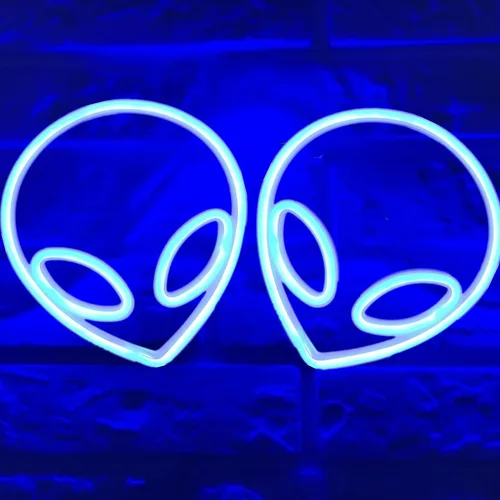 Vista 15 de Letrero de neón con cabeza de alienígena, 1 unidad, luz de neón de alienígena verde y morado, USB o 3 pilas AA, divertido letrero de neón iluminado