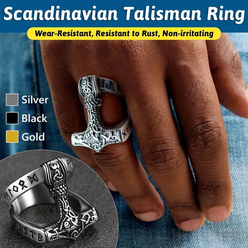 Vista 2 de FaithHeart Norse Viking Jewelry - Anillo de acero inoxidable de guerrero para hombre con diseño vikingo de cabeza de lobomartillo de Thor