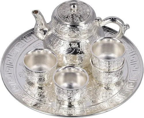 Vista 3 de Juego de tetera y taza para uno, juegos de té de aleación de zinc para adultos con tetera y bandeja, juego de tetera vintage plateada, regalo