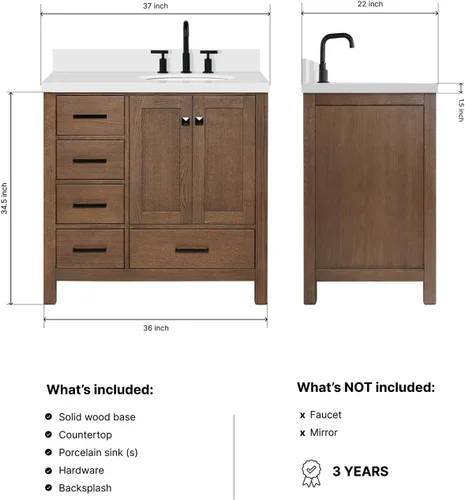 Vista 2 de ARIEL Cambridge tocador de baño con fregadero, madera maciza, encimera y protector contra salpicaduras de cuarzo blanco puro de 1.5 pulgadas