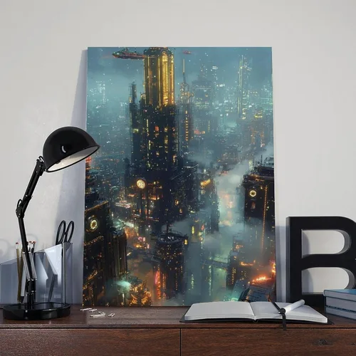 Vista 8 de Retro Futurism Cityscape Print – Neon Sci-Fi Wall Decor – Cyber Steampunk Poster for Gamers & Collectors Canvas Poster Wall Art Decor Print Picture